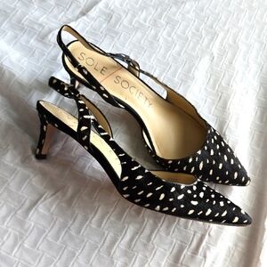 Sole Society Black and White Real Fur Women's Slingback Kitten Heels Office